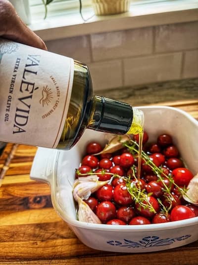 Cherry tomatoes slow-roasted in extra virgin olive oil with garlic and thyme