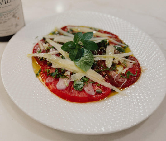 Tomato Carpaccio with Valèvida EVOO, Garlic, Parmesan & Lime