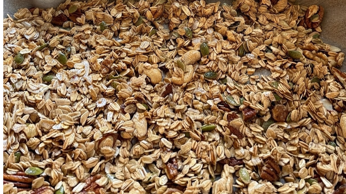 Extra virgin olive oil granola with rolled oats, mixed nuts and pumpkin seeds