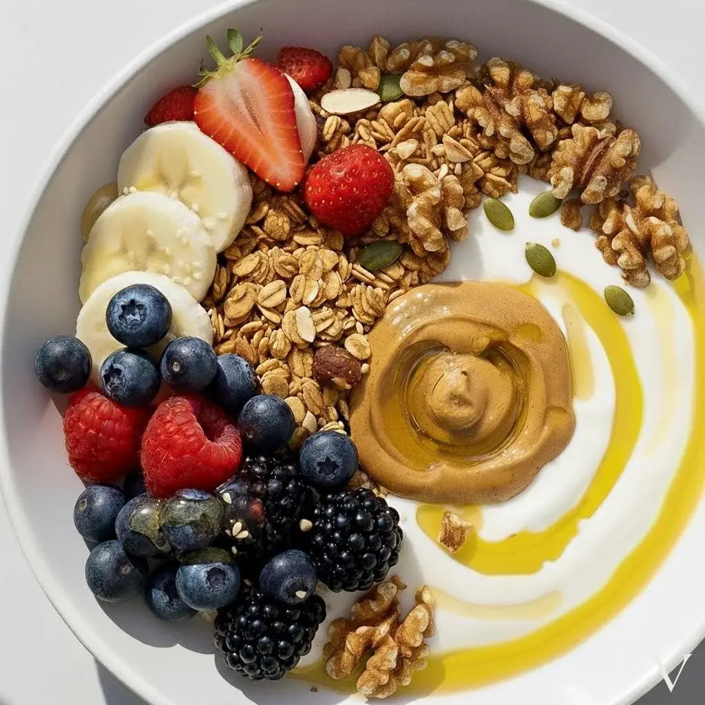 Yogurt bowl with fresh berries, walnuts and seeds, drizzled with extra virgin olive oil