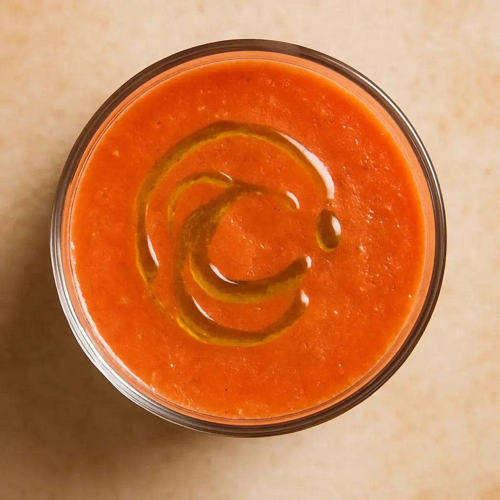 Chilled Andalusian gazpacho in a bowl, finished with a swirl of extra virgin olive oil