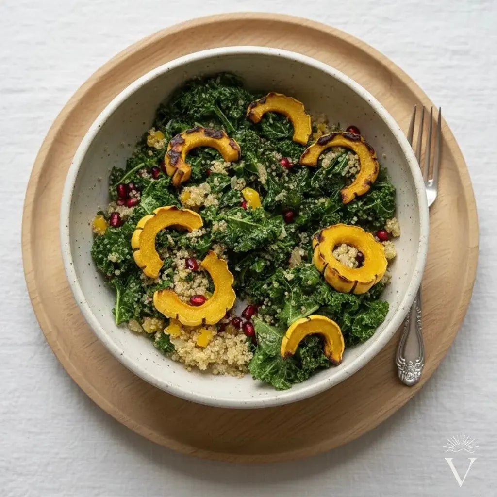 Kale and quinoa salad with roasted delicata squash in a lemon Dijon dressing