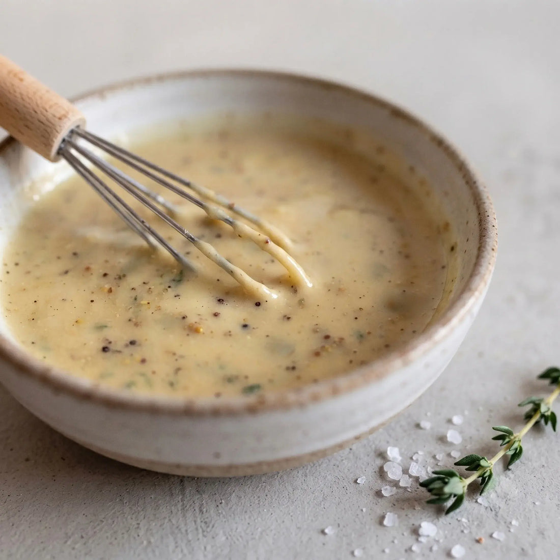 Lemon Dijon vinaigrette being whisked with extra virgin olive oil in a small bowl